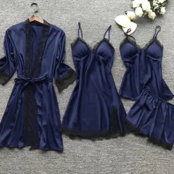 Women's Lace Satin Silk Pajamas Sets 4 Pcs Home Party Daily Elastic Waist Pure Color Satin Simple Casual Soft Strap Top Shorts Fall Winter Spring Strap Short Sleeves Long Sleeve Home Outfits