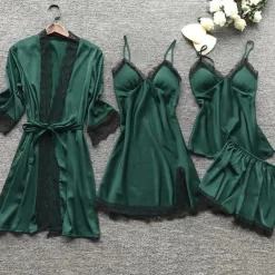 Women's Lace Satin Silk Pajamas Sets 4 Pcs Home Party Daily Elastic Waist Pure Color Satin Simple Casual Soft Strap Top Shorts Fall Winter Spring Strap Short Sleeves Long Sleeve Home Outfits