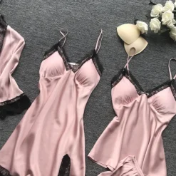 Women's Lace Satin Silk Pajamas Sets 4 Pcs Home Party Daily Elastic Waist Pure Color Satin Simple Casual Soft Strap Top Shorts Fall Winter Spring Strap Short Sleeves Long Sleeve Home Outfits