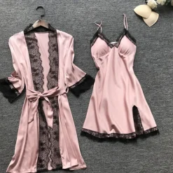 Women's Lace Satin Silk Pajamas Sets 4 Pcs Home Party Daily Elastic Waist Pure Color Satin Simple Casual Soft Strap Top Shorts Fall Winter Spring Strap Short Sleeves Long Sleeve Home Outfits