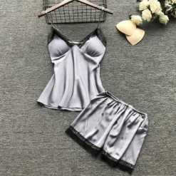 Women's Lace Satin Silk Pajamas Sets 4 Pcs Home Party Daily Elastic Waist Pure Color Satin Simple Casual Soft Strap Top Shorts Fall Winter Spring Strap Short Sleeves Long Sleeve Home Outfits