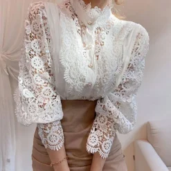Women's Lace Shirt Blouse Eyelet top White Lace Shirt Solid Colored Elegant Fashion Elegant & Luxurious Shirt Collar Daily Hole Black White Apricot Spring Fall Winter Fall & Winter