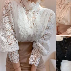 Women's Lace Shirt Blouse Eyelet top White Lace Shirt Solid Colored Elegant Fashion Elegant & Luxurious Shirt Collar Daily Hole Black White Apricot Spring Fall Winter Fall & Winter