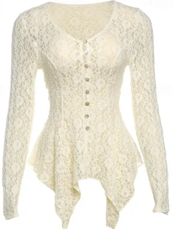 Women's Lace Shirt Elegant Bohemia Vintage Long Sleeve Plunging Neck Regular Tops Party Evening Wear Daily Holiday Lace Patchwork Black Apricot Summer Spring Fall