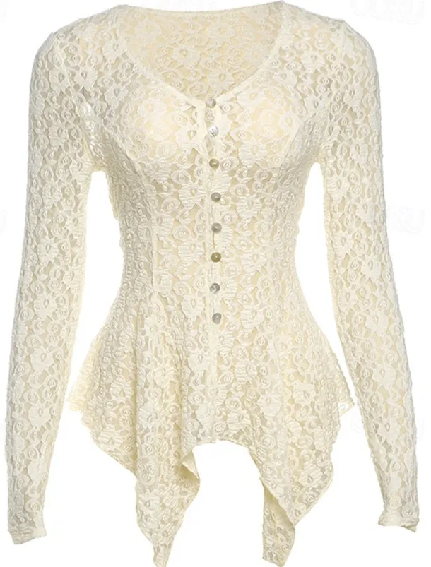 Women's Lace Shirt Elegant Bohemia Vintage Long Sleeve Plunging Neck Regular Tops Party Evening Wear Daily Holiday Lace Patchwork Black Apricot Summer Spring Fall