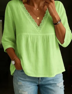 Women's Lace Shirt Peplum Solid Color Stylish Casual 3/4 Length Sleeve V Neck Regular Tops Daily Lace Trim White Blue Green Beige Summer Spring Fall