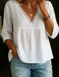 Women's Lace Shirt Peplum Solid Color Stylish Casual 3/4 Length Sleeve V Neck Regular Tops Daily Lace Trim White Blue Green Beige Summer Spring Fall