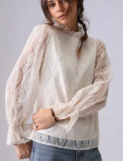 Women's Lace Shirt Solid Color Elegant Bohemia Vintage Long Sleeve High Neck Regular Tops Party Evening Wear Going out Beach Wear Embroidered Black White Apricot Spring, Fall, Winter, Summer