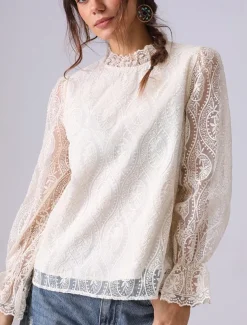Women's Lace Shirt Solid Color Elegant Bohemia Vintage Long Sleeve High Neck Regular Tops Party Evening Wear Going out Beach Wear Embroidered Black White Apricot Spring, Fall, Winter, Summer