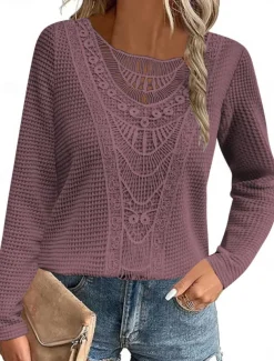 Women's Lace Splicing Top Solid Color Stylish Casual Long Sleeve Crew Neck Regular Tops Daily Lace Patchwork Pink Wine Blue Fuchsia Orange Summer Spring Fall