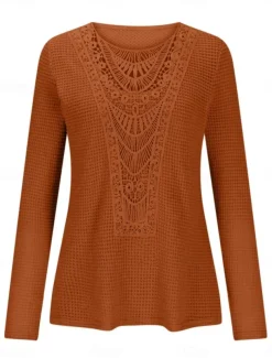 Women's Lace Splicing Top Solid Color Stylish Casual Long Sleeve Crew Neck Regular Tops Daily Lace Patchwork Pink Wine Blue Fuchsia Orange Summer Spring Fall