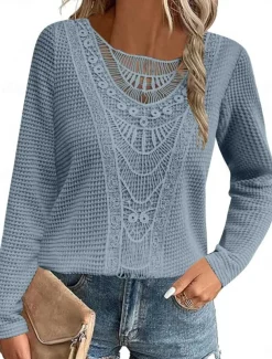 Women's Lace Splicing Top Solid Color Stylish Casual Long Sleeve Crew Neck Regular Tops Daily Lace Patchwork Pink Wine Blue Fuchsia Orange Summer Spring Fall