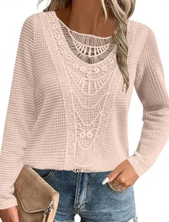 Women's Lace Splicing Top Solid Color Stylish Casual Long Sleeve Crew Neck Regular Tops Daily Lace Patchwork Pink Wine Blue Fuchsia Orange Summer Spring Fall