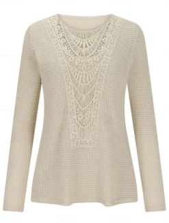 Women's Lace Splicing Top Solid Color Stylish Casual Long Sleeve Crew Neck Regular Tops Daily Lace Patchwork Pink Wine Blue Fuchsia Orange Summer Spring Fall