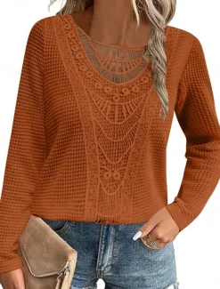 Women's Lace Splicing Top Solid Color Stylish Casual Long Sleeve Crew Neck Regular Tops Daily Lace Patchwork Pink Wine Blue Fuchsia Orange Summer Spring Fall