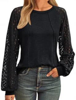 Women's Lace Splicing Top Solid Color Stylish Casual Long Sleeve Crew Neck Regular Tops Daily Lace Patchwork Black Pink Wine Green Summer Spring