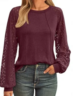 Women's Lace Splicing Top Solid Color Stylish Casual Long Sleeve Crew Neck Regular Tops Daily Lace Patchwork Black Pink Wine Green Summer Spring