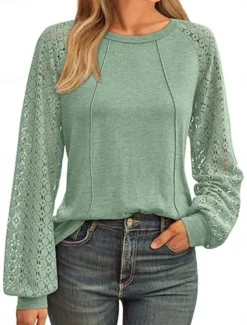 Women's Lace Splicing Top Solid Color Stylish Casual Long Sleeve Crew Neck Regular Tops Daily Lace Patchwork Black Pink Wine Green Summer Spring