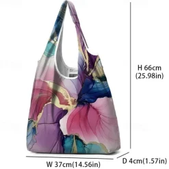 Women's Large Abstract Floral Print Tote Bag – Reusable Foldable Shopping Bag with Artistic Design for Everyday Use