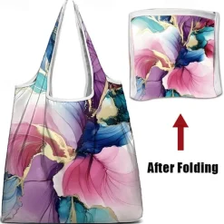 Women's Large Abstract Floral Print Tote Bag – Reusable Foldable Shopping Bag with Artistic Design for Everyday Use