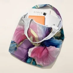 Women's Large Abstract Floral Print Tote Bag – Reusable Foldable Shopping Bag with Artistic Design for Everyday Use