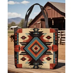 Women's Large Printed Tote Bag with Zipper Pocket, Bohemian Tribal Pattern, Durable Polyester Shoulder Bag for Travel, Shopping and Daily Use