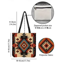 Women's Large Printed Tote Bag with Zipper Pocket, Bohemian Tribal Pattern, Durable Polyester Shoulder Bag for Travel, Shopping and Daily Use
