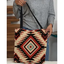Women's Large Printed Tote Bag with Zipper Pocket, Bohemian Tribal Pattern, Durable Polyester Shoulder Bag for Travel, Shopping and Daily Use