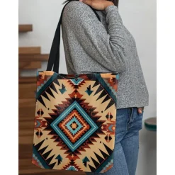 Women's Large Printed Tote Bag with Zipper Pocket, Bohemian Tribal Pattern, Durable Polyester Shoulder Bag for Travel, Shopping and Daily Use