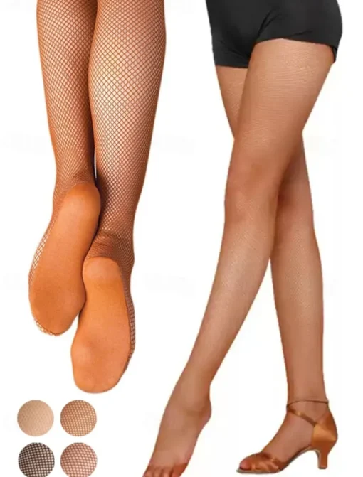 Women's Latin Dance Fishnet Tights with Reinforced Sole, Stretchy and Durable Full-Length Pantyhose for Performances and Competitions