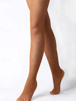 Women's Latin Dance Fishnet Tights with Reinforced Sole, Stretchy and Durable Full-Length Pantyhose for Performances and Competitions