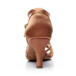 Women's Latin Dance Shoes – Tan Satin Strappy Ballroom Heels with Ankle Strap for Salsa, Bachata & Practice