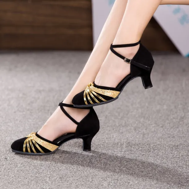 Women's Latin Dance Shoes – Black Suede Ballroom Heels with Gold Straps, Ankle Strap, and Suede Sole for Salsa, Tango, and Performance