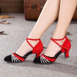 Women's Latin Dance Shoes – Black Suede Ballroom Heels with Gold Straps, Ankle Strap, and Suede Sole for Salsa, Tango, and Performance