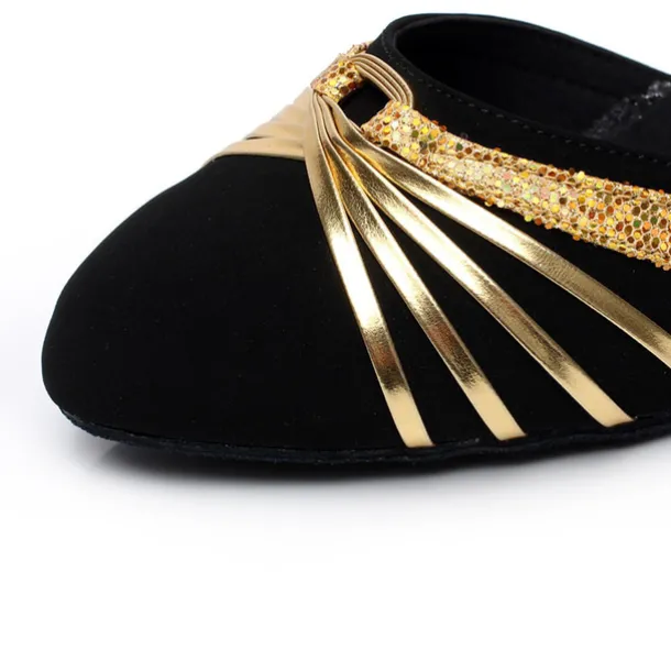 Women's Latin Dance Shoes – Black Suede Ballroom Heels with Gold Straps, Ankle Strap, and Suede Sole for Salsa, Tango, and Performance