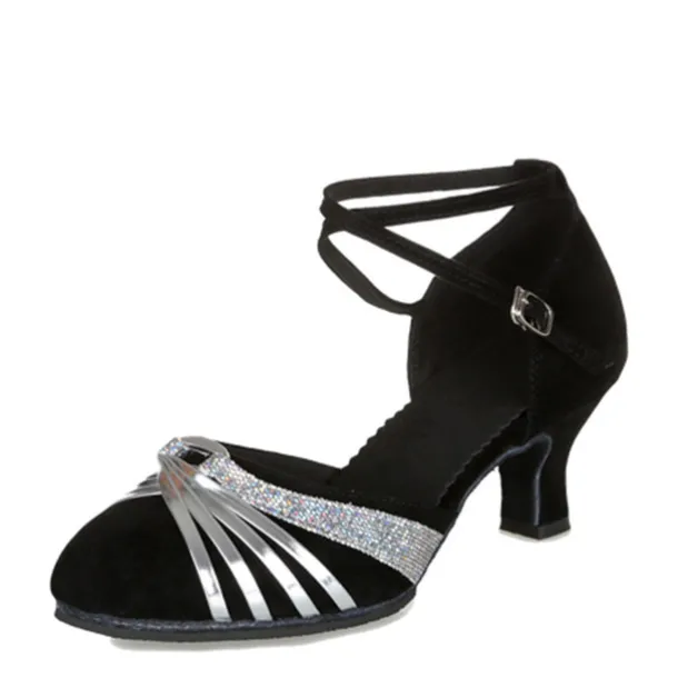 Women's Latin Dance Shoes – Black Suede Ballroom Heels with Gold Straps, Ankle Strap, and Suede Sole for Salsa, Tango, and Performance