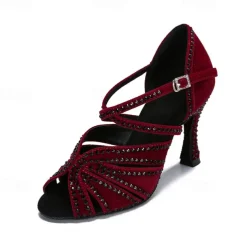 Women's Latin Dance Shoes Professional Sparkling Shoes Party Stylish Sparkling Glitter Flared Heel Open Toe Buckle Adults' Drak Red