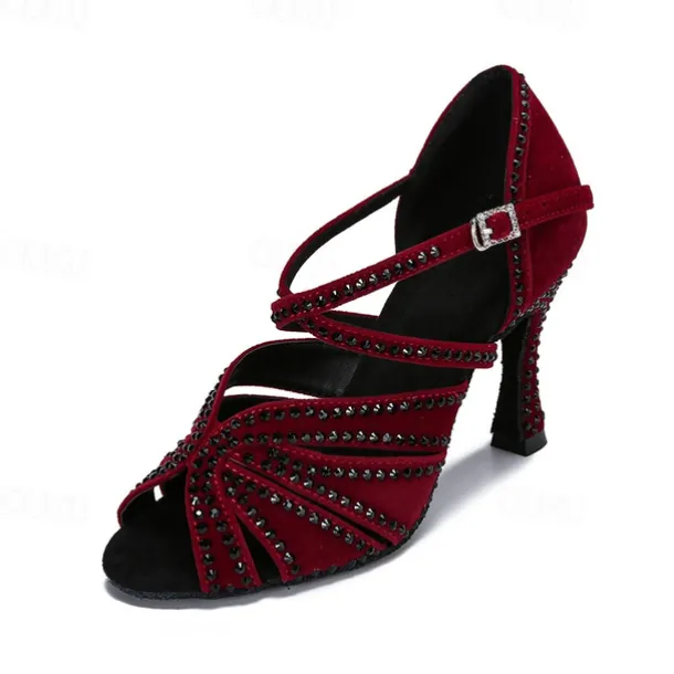 Women's Latin Dance Shoes Professional Sparkling Shoes Party Stylish Sparkling Glitter Flared Heel Open Toe Buckle Adults' Drak Red