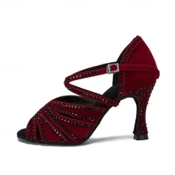 Women's Latin Dance Shoes Professional Sparkling Shoes Party Stylish Sparkling Glitter Flared Heel Open Toe Buckle Adults' Drak Red