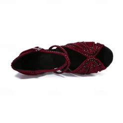Women's Latin Dance Shoes Professional Sparkling Shoes Party Stylish Sparkling Glitter Flared Heel Open Toe Buckle Adults' Drak Red