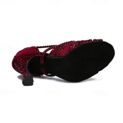 Women's Latin Dance Shoes Professional Sparkling Shoes Party Stylish Sparkling Glitter Flared Heel Open Toe Buckle Adults' Drak Red