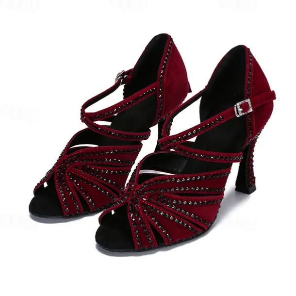 Women's Latin Dance Shoes Professional Sparkling Shoes Party Stylish Sparkling Glitter Flared Heel Open Toe Buckle Adults' Drak Red