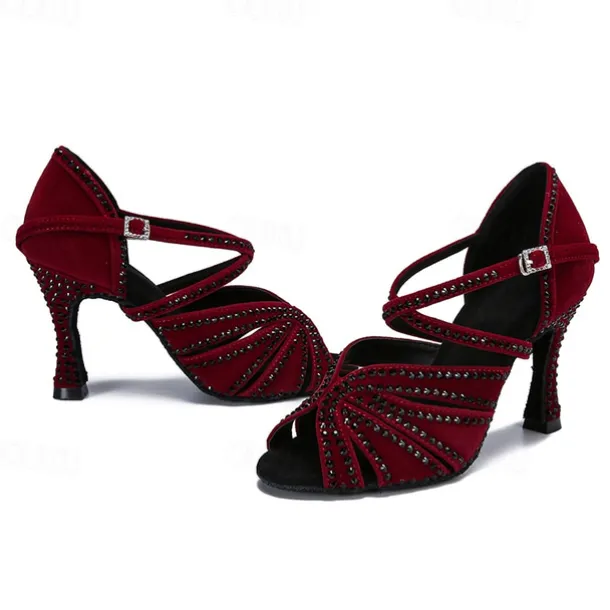 Women's Latin Dance Shoes Professional Sparkling Shoes Party Stylish Sparkling Glitter Flared Heel Open Toe Buckle Adults' Drak Red