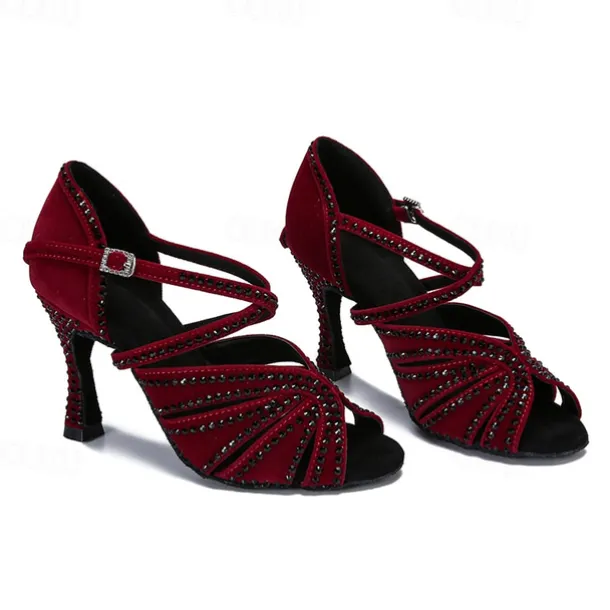 Women's Latin Dance Shoes Professional Sparkling Shoes Party Stylish Sparkling Glitter Flared Heel Open Toe Buckle Adults' Drak Red