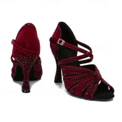 Women's Latin Dance Shoes Professional Sparkling Shoes Party Stylish Sparkling Glitter Flared Heel Open Toe Buckle Adults' Drak Red