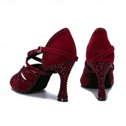 Women's Latin Dance Shoes Professional Sparkling Shoes Party Stylish Sparkling Glitter Flared Heel Open Toe Buckle Adults' Drak Red