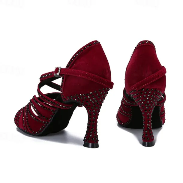 Women's Latin Dance Shoes Professional Sparkling Shoes Party Stylish Sparkling Glitter Flared Heel Open Toe Buckle Adults' Drak Red