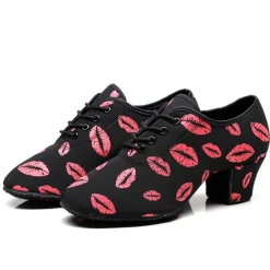 Women's Latin Shoes Practice Trainning Dance Shoes Line Dance Performance Party Practice Lace Up Pattern / Print Oxford Sneaker Pattern / Print Thick Heel Black / Red