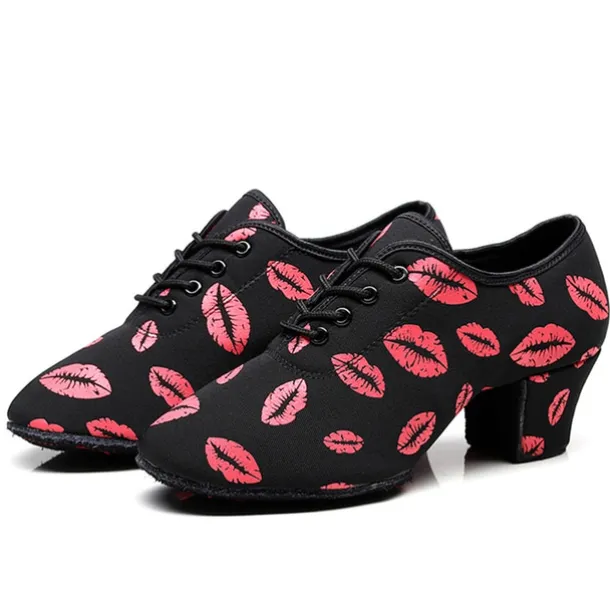 Women's Latin Shoes Practice Trainning Dance Shoes Line Dance Performance Party Practice Lace Up Pattern / Print Oxford Sneaker Pattern / Print Thick Heel Black / Red