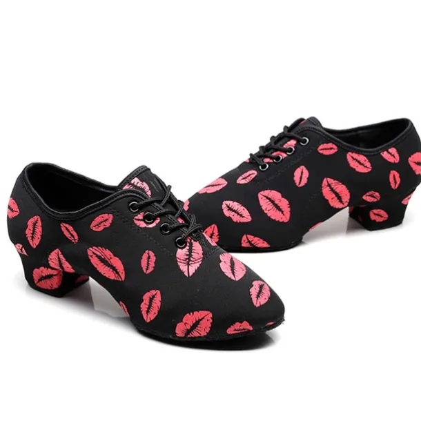 Women's Latin Shoes Practice Trainning Dance Shoes Line Dance Performance Party Practice Lace Up Pattern / Print Oxford Sneaker Pattern / Print Thick Heel Black / Red